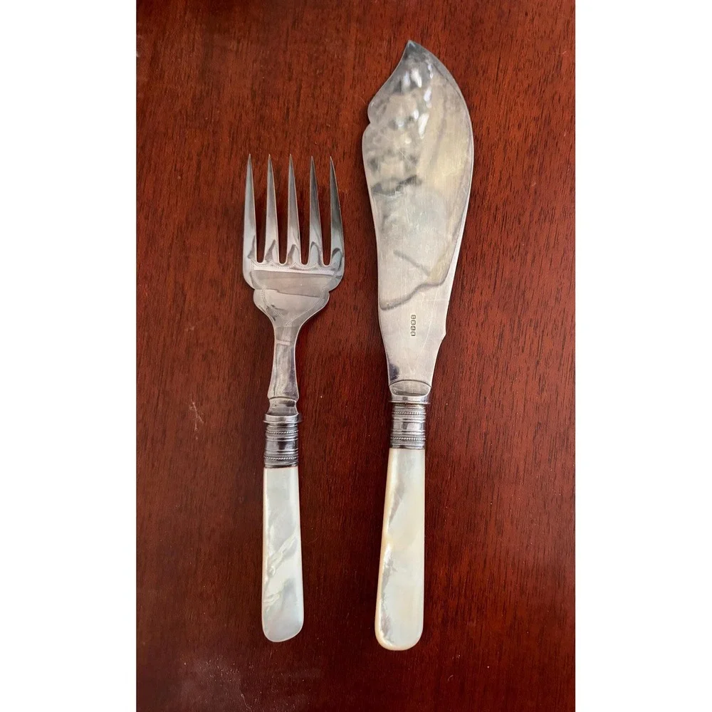 Vintage EPNS Fish Serving Set Mother of Pearl Handles Boxed English Server